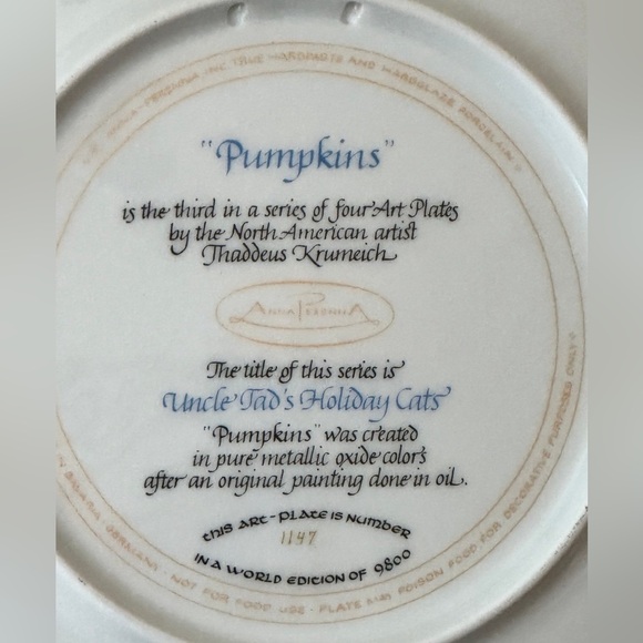 PUMPKIN CAT by THADDEUS KRUMEICH. COLLECTORS PLATE. UNCLE TADS HOLIDAY CATS - Picture 8 of 9